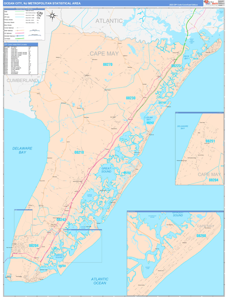 Ocean City Metro Area Wall Map Color Cast Style